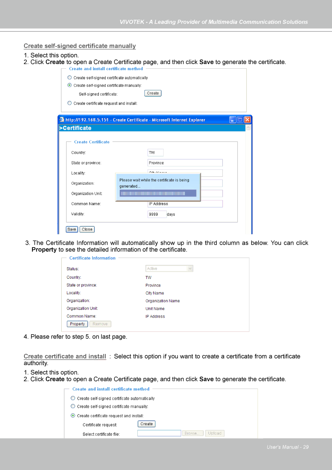 Vivotek PZ7121, PZ7112, PZ7111, PZ7122 Create self-signed certificate manually 