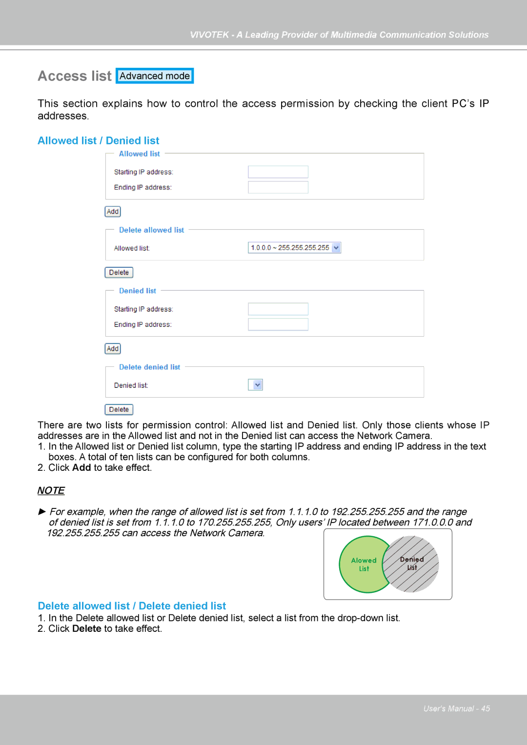 Vivotek PZ7121, PZ7112, PZ7111, PZ7122 Access list, Allowed list / Denied list, Delete allowed list / Delete denied list 