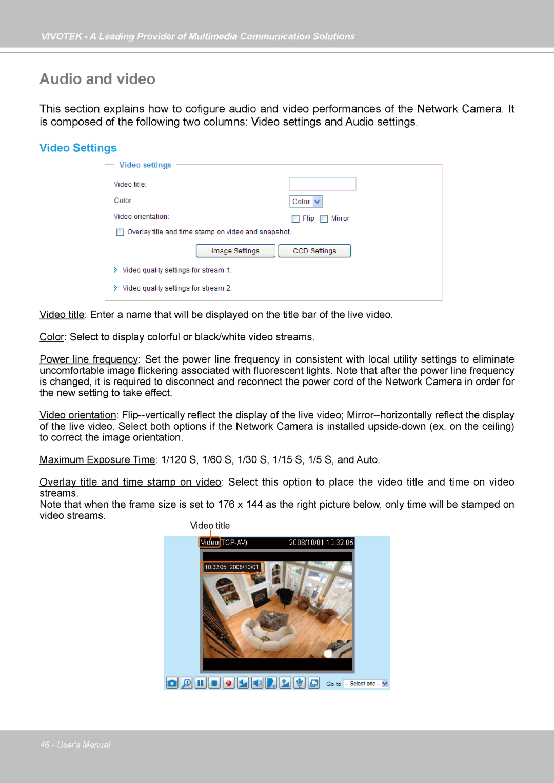 Vivotek PZ7111, PZ7112, PZ7121, PZ7122 manual Audio and video, Video Settings 