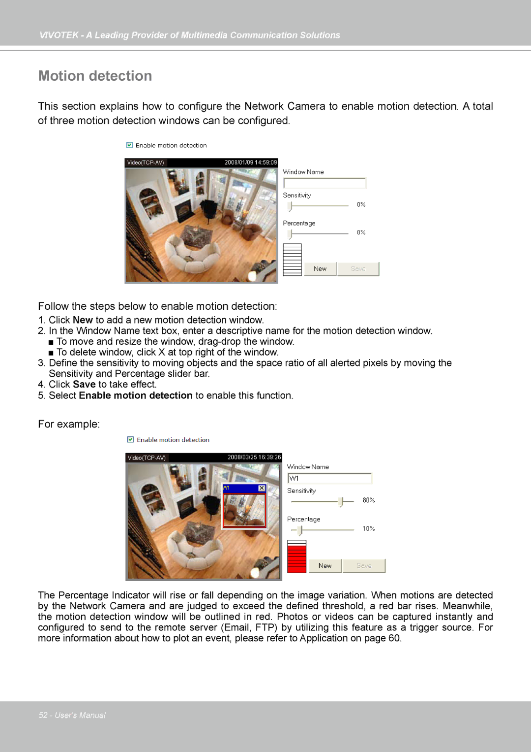 Vivotek PZ7112, PZ7121, PZ7111, PZ7122 manual Motion detection, Follow the steps below to enable motion detection 