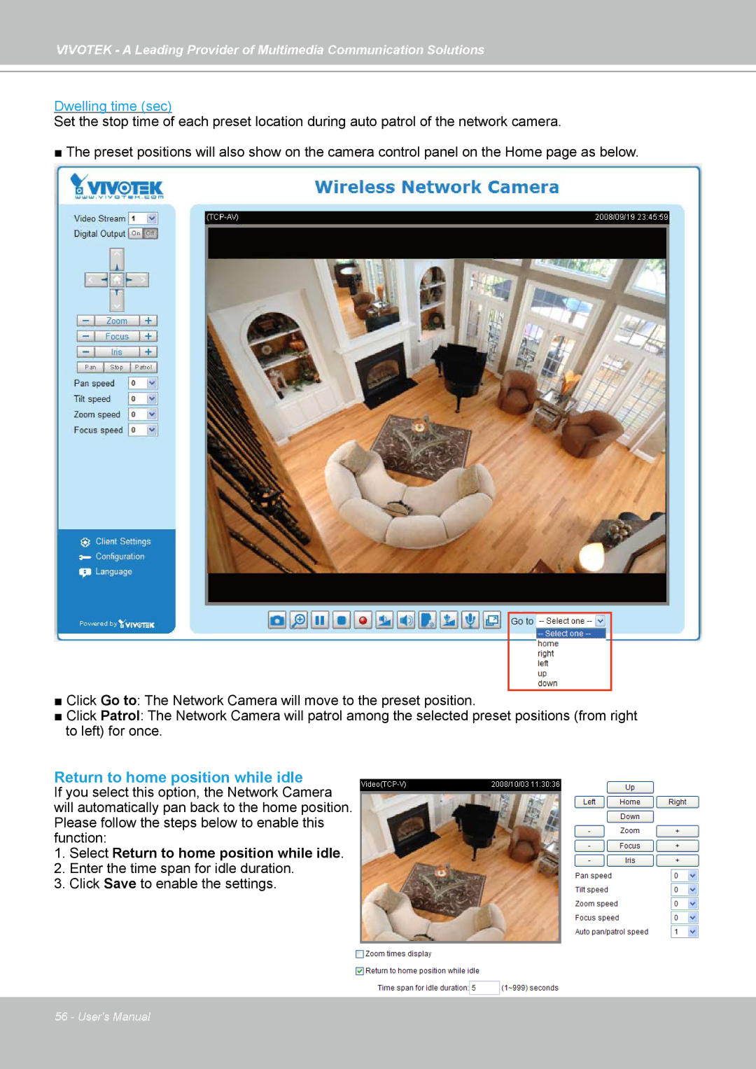 Vivotek PZ7112, PZ7121, PZ7111, PZ7122 manual Return to home position while idle, Dwelling time sec 