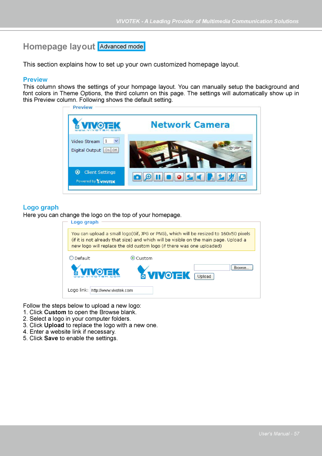 Vivotek PZ7121, PZ7112, PZ7111, PZ7122 manual Homepage layout, Preview, Logo graph 