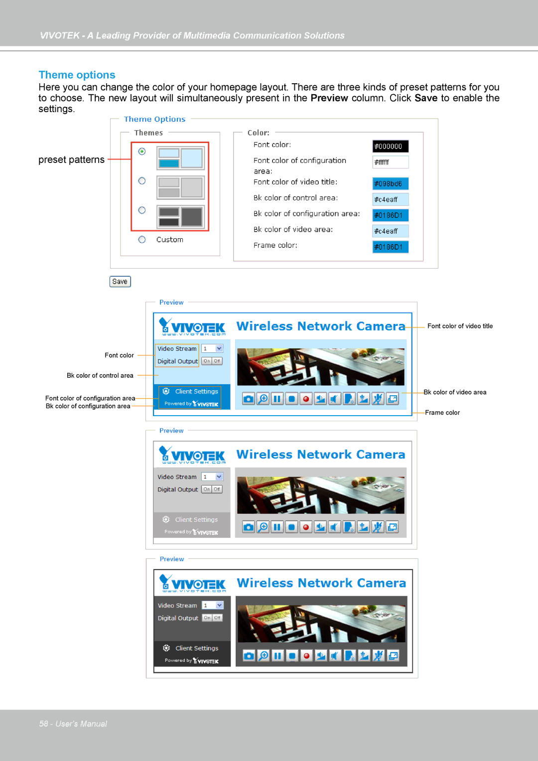 Vivotek PZ7111, PZ7112, PZ7121, PZ7122 manual Theme options 