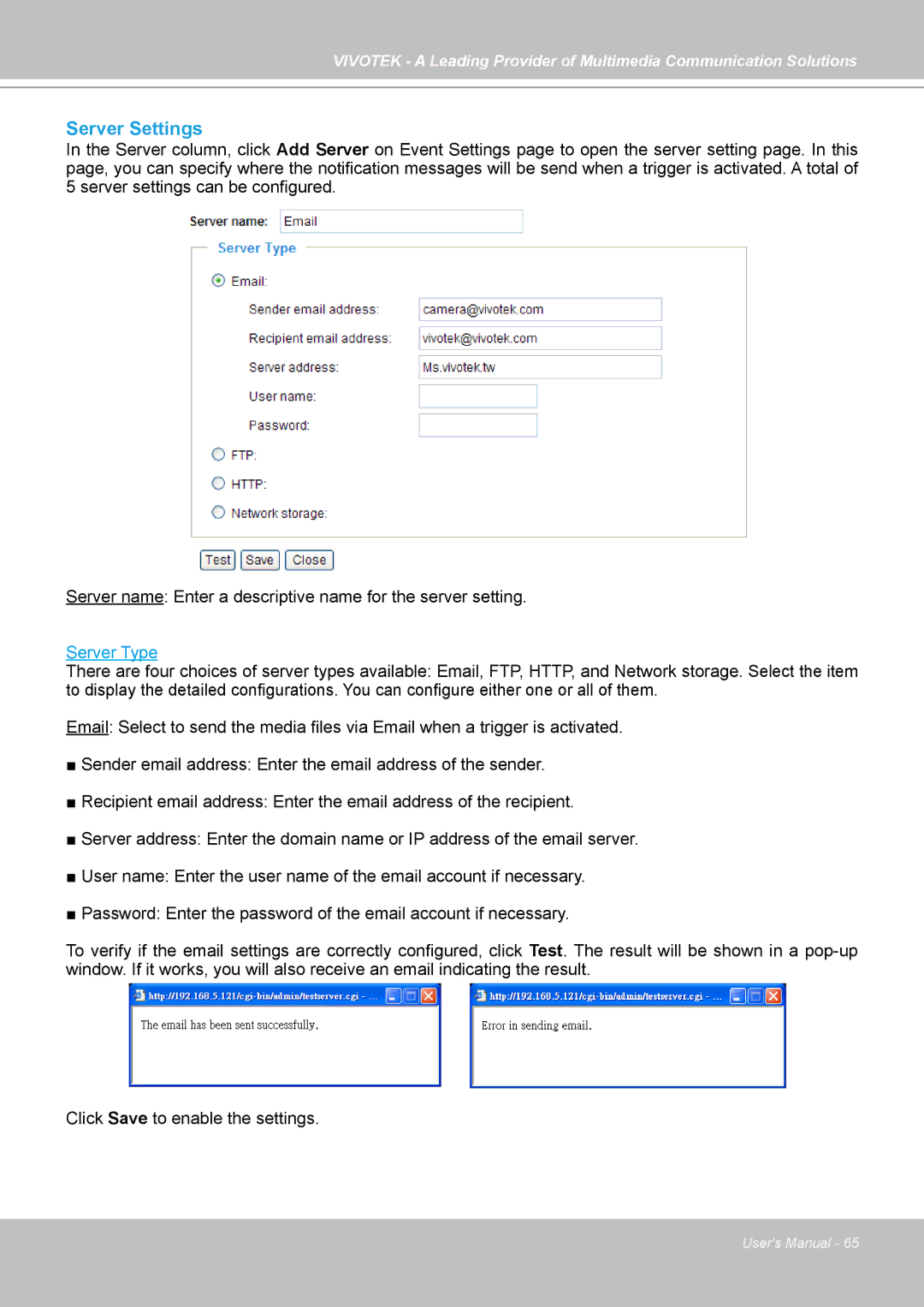 Vivotek PZ7121, PZ7112, PZ7111, PZ7122 manual Server Settings, Server Type 