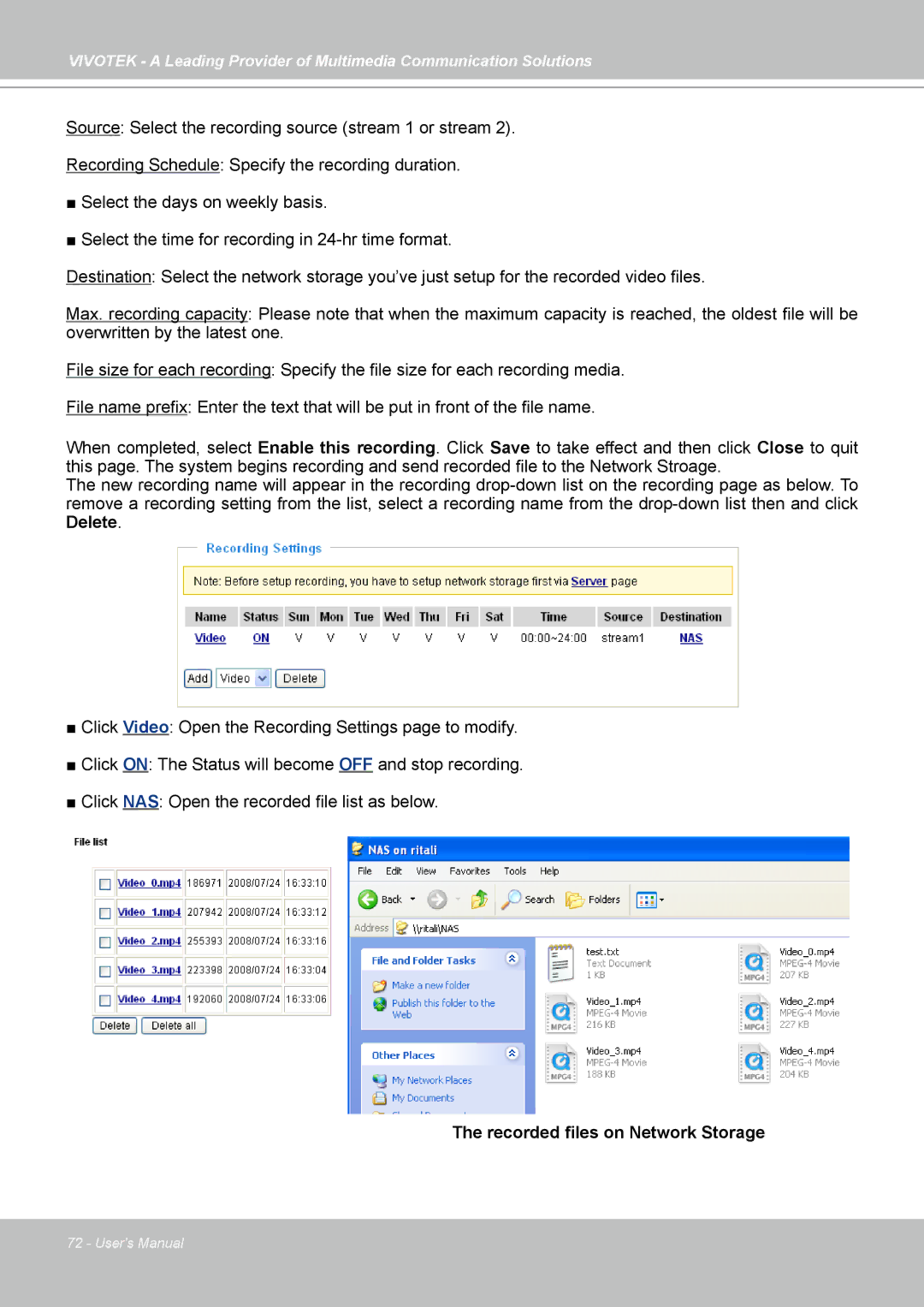 Vivotek PZ7112, PZ7121, PZ7111, PZ7122 manual Recorded files on Network Storage 