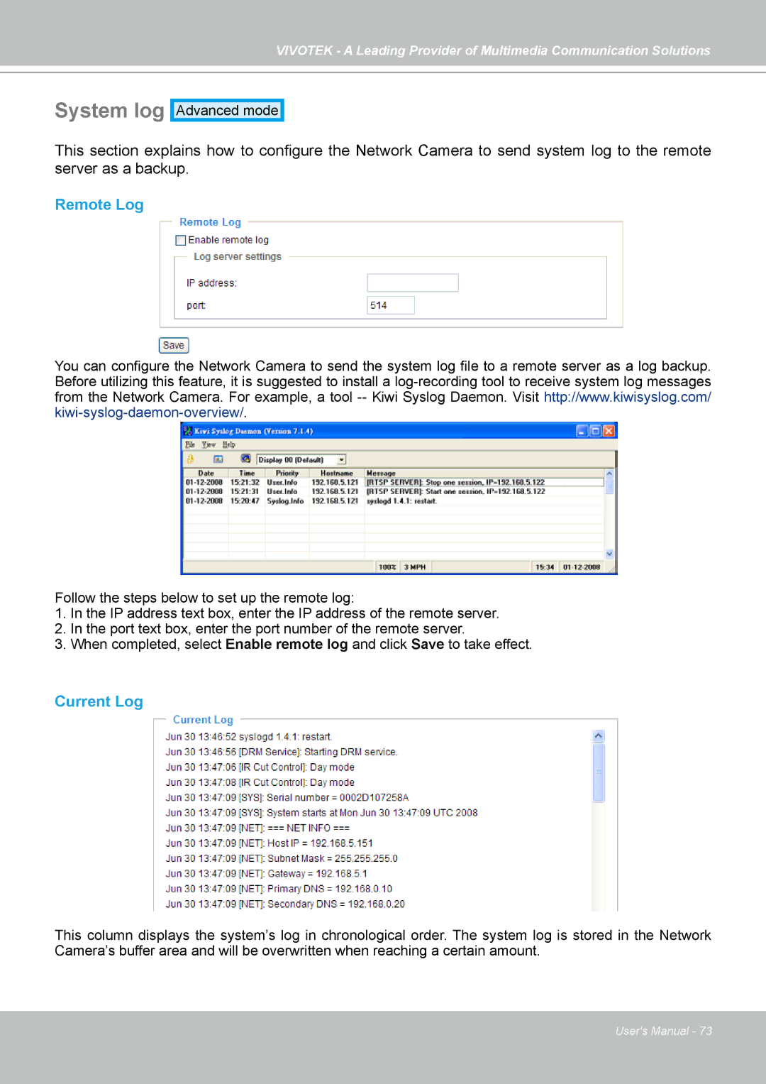 Vivotek PZ7121, PZ7112, PZ7111, PZ7122 manual System log, Remote Log, Current Log 