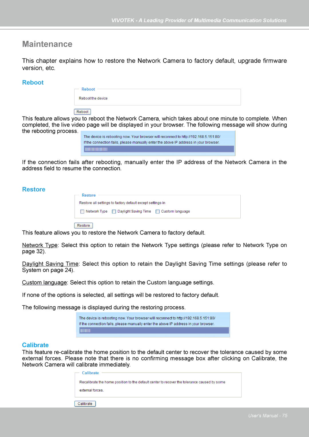 Vivotek PZ7122, PZ7112, PZ7121, PZ7111 manual Maintenance, Reboot, Restore 