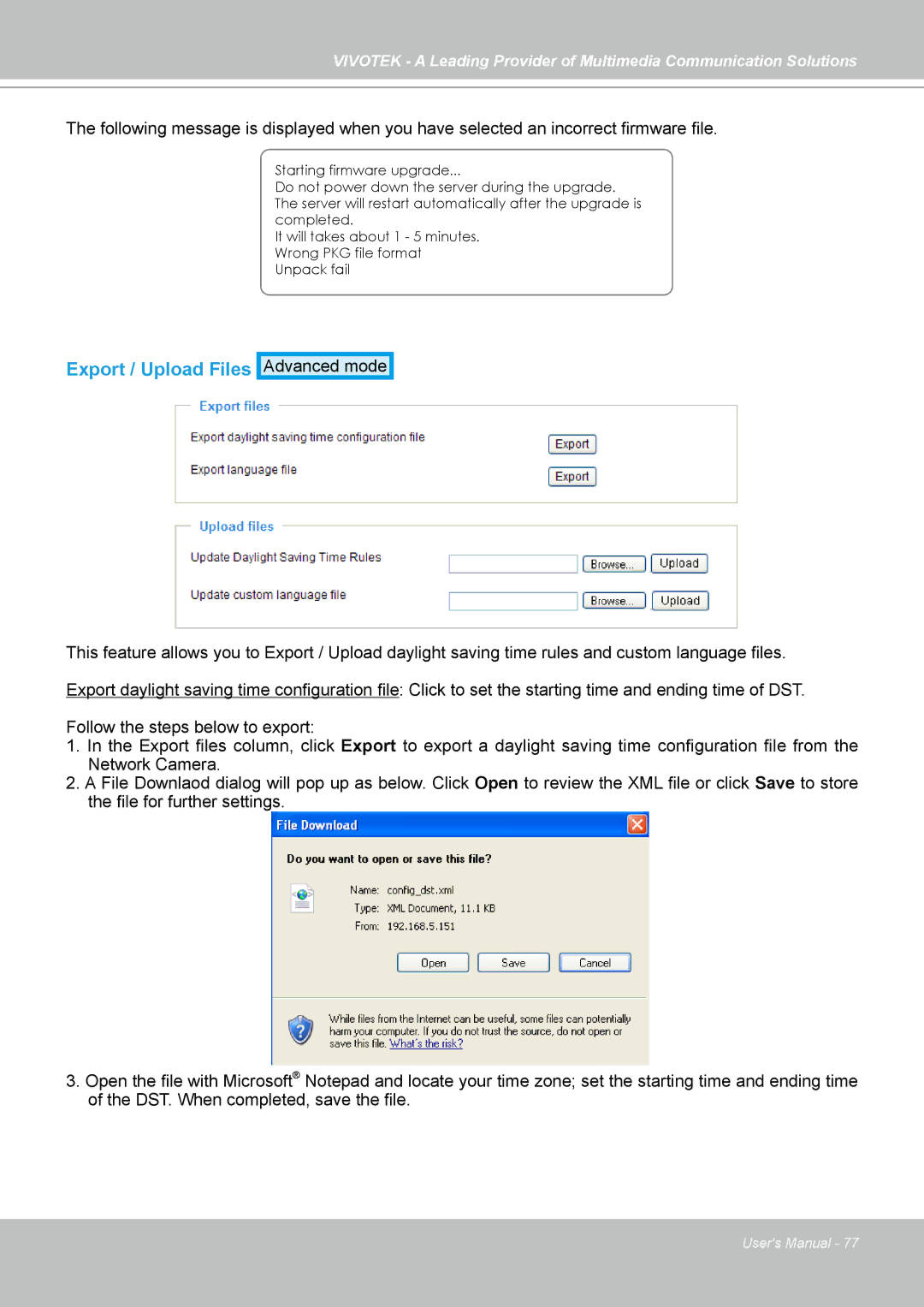 Vivotek PZ7121, PZ7112, PZ7111, PZ7122 manual Export / Upload Files 