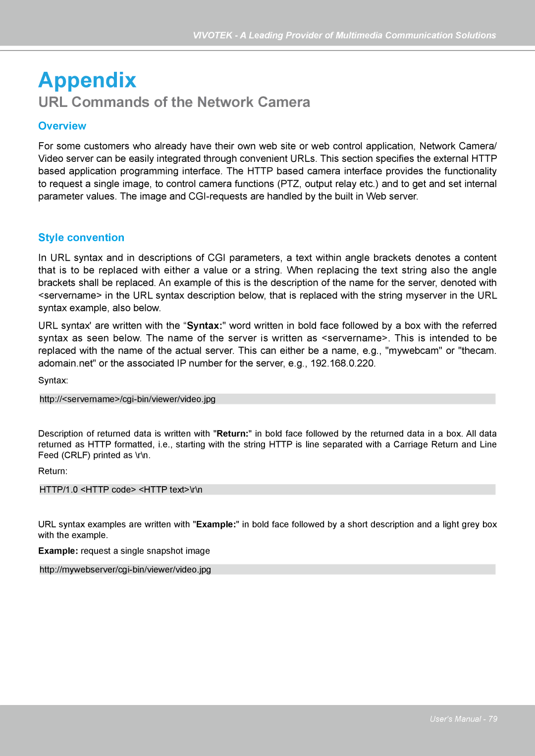 Vivotek PZ7122, PZ7112, PZ7121, PZ7111 manual Appendix, URL Commands of the Network Camera 