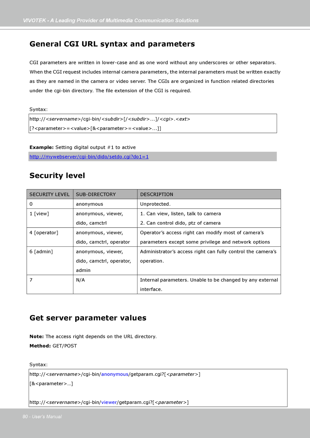 Vivotek PZ7112, PZ7121 General CGI URL syntax and parameters, Security level, Get server parameter values, Method GET/POST 