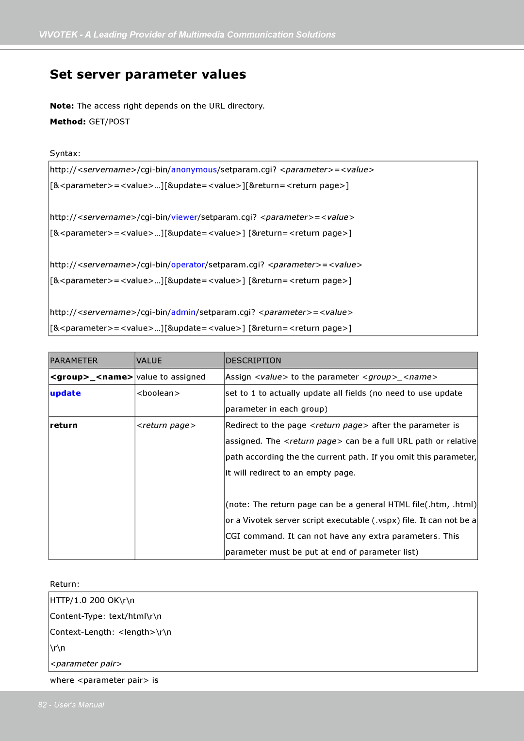 Vivotek PZ7111, PZ7112, PZ7121, PZ7122 manual Set server parameter values, Groupname, Return 