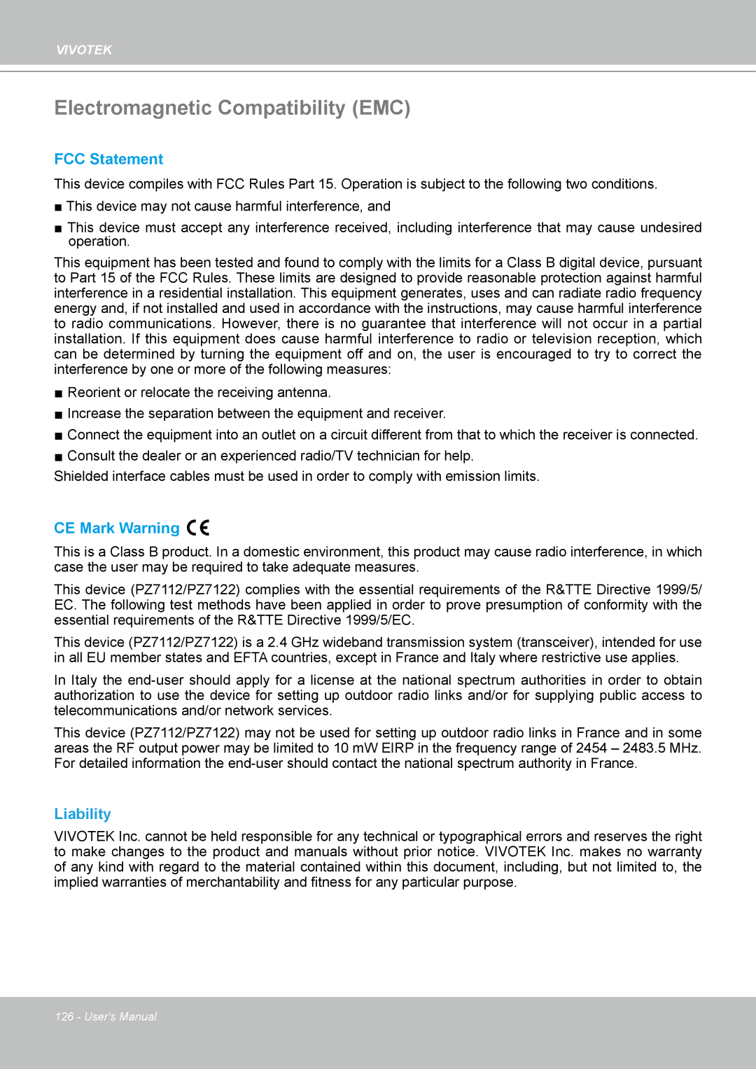 Vivotek PZ7112 manual Electromagnetic Compatibility EMC, Liability 