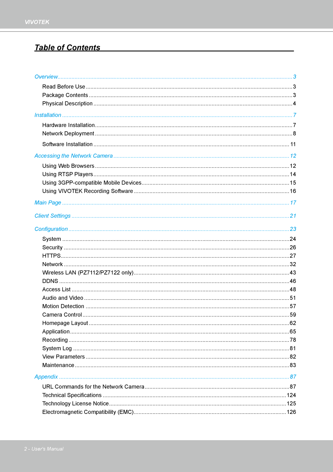 Vivotek PZ7112 manual Table of Contents 