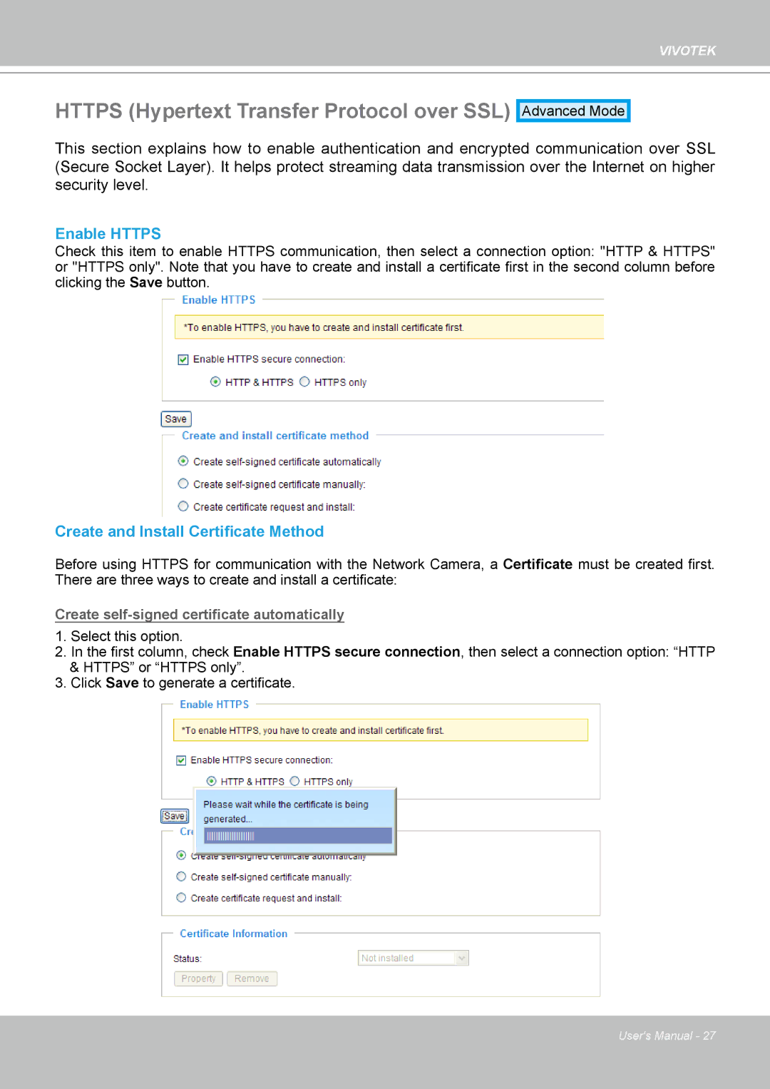 Vivotek PZ7112 manual Https Hypertext Transfer Protocol over SSL, Enable Https, Create and Install Certificate Method 