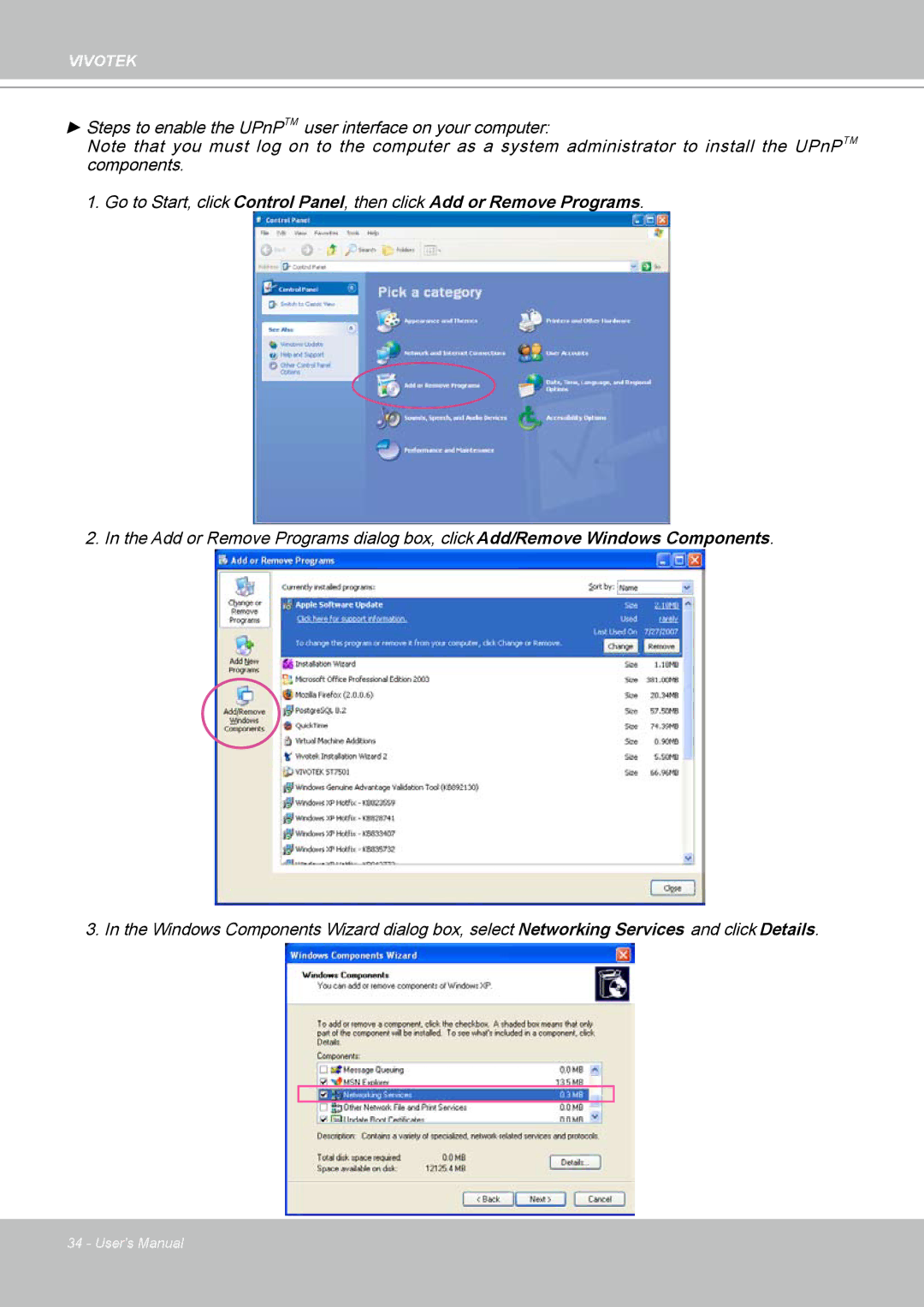 Vivotek PZ7112 manual Steps to enable the UPnPTM user interface on your computer 