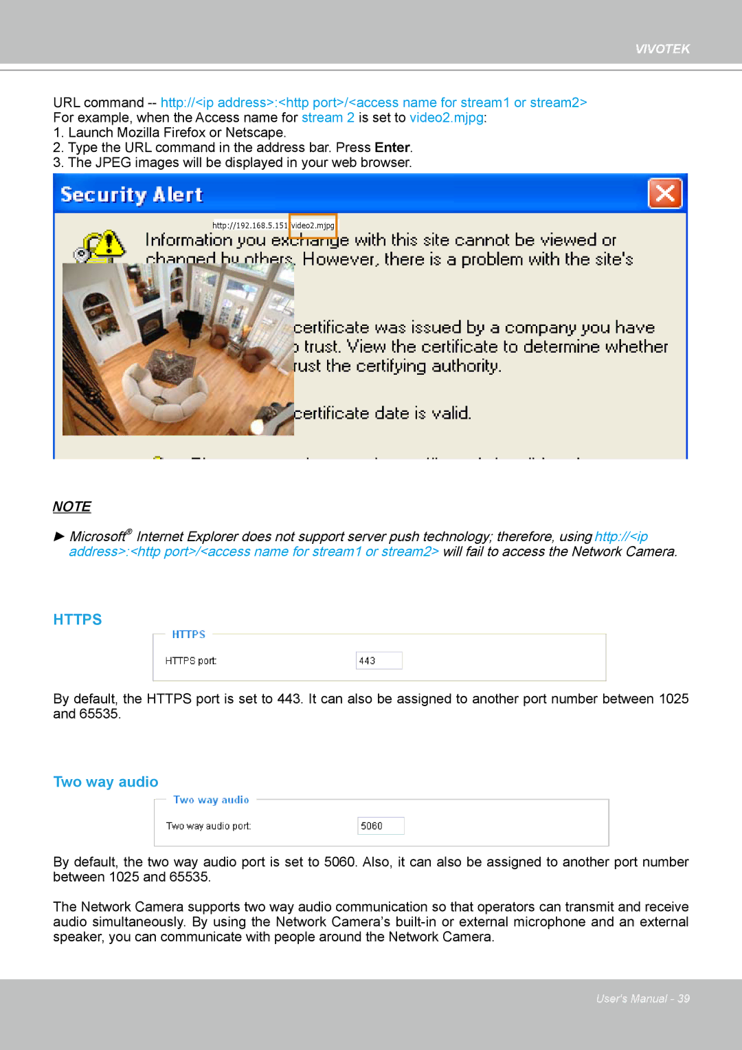 Vivotek PZ7112 manual Https, Two way audio 