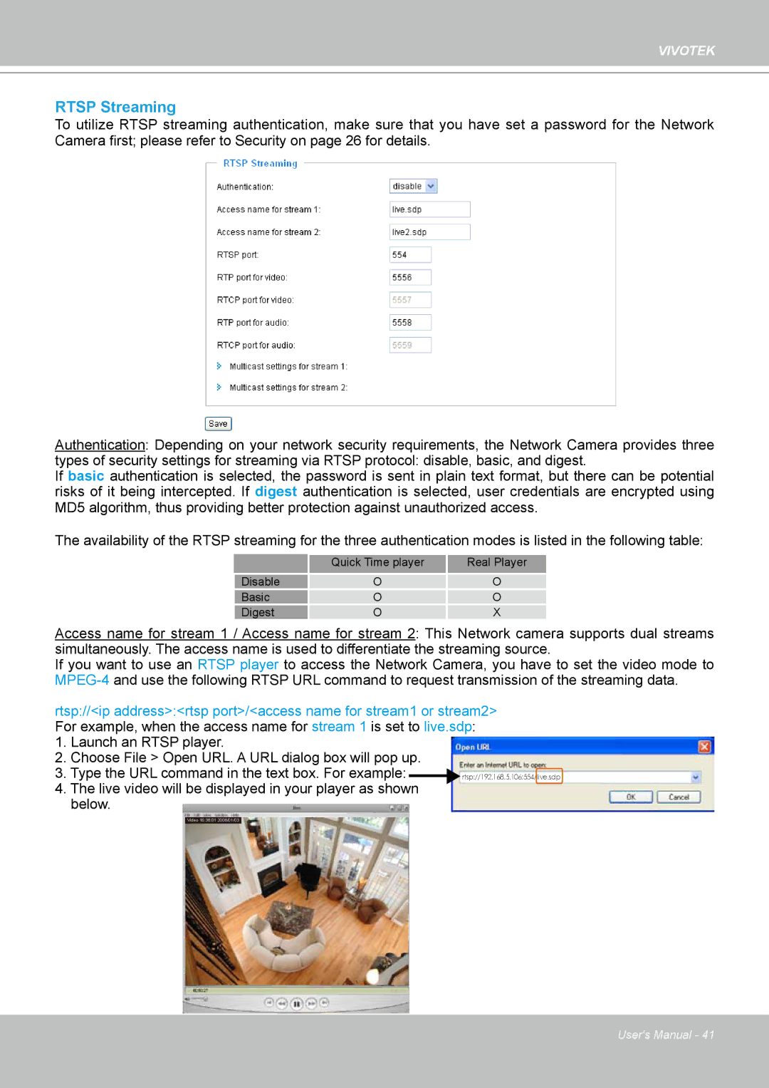 Vivotek PZ7112 manual Rtsp Streaming 