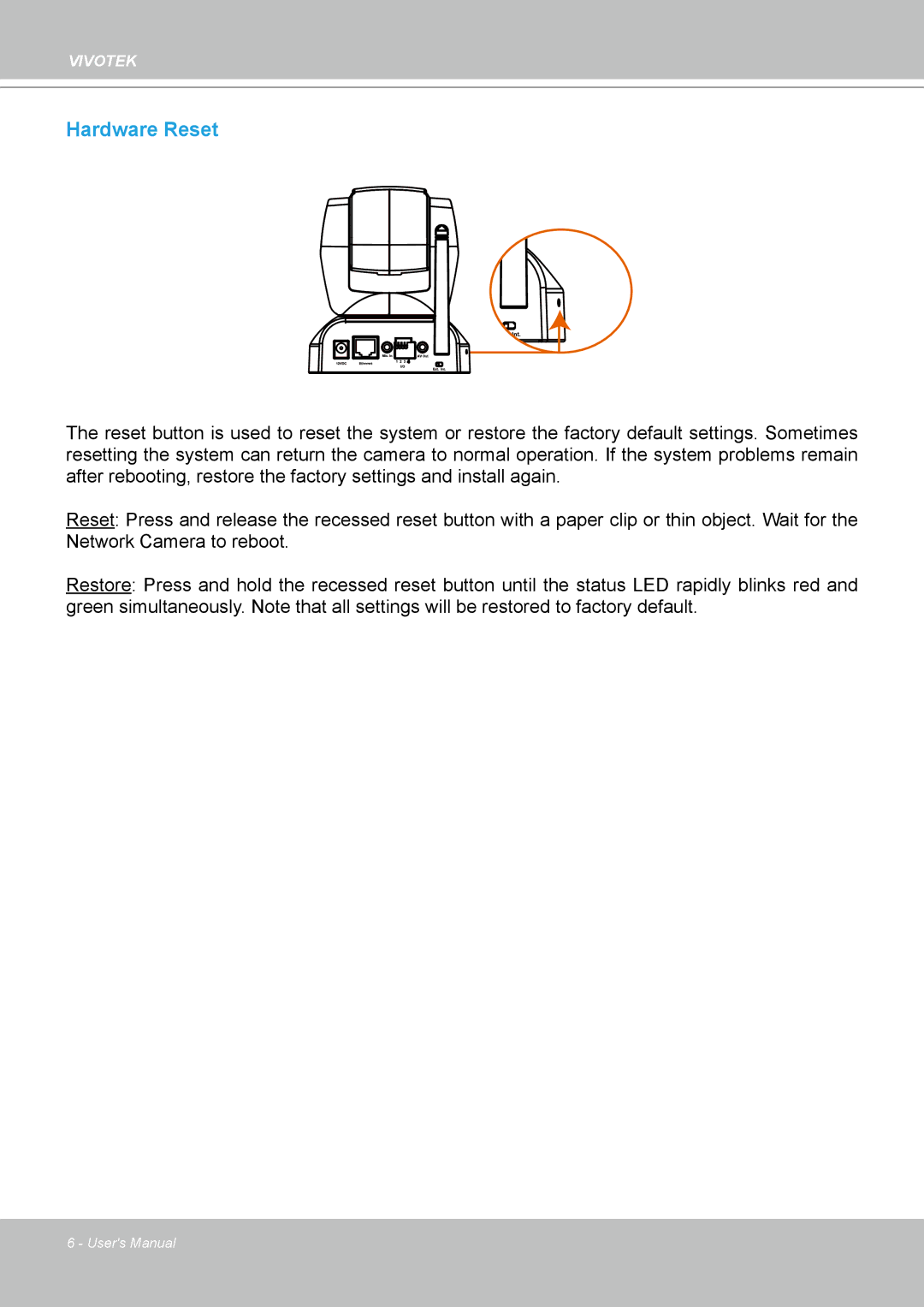 Vivotek PZ7112 manual Hardware Reset 