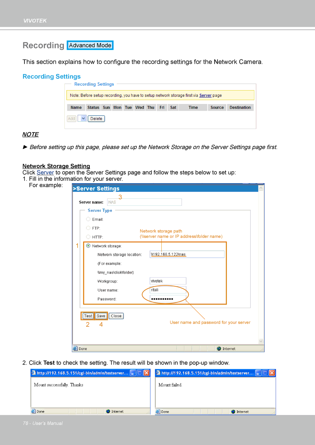 Vivotek PZ7112 manual Recording Settings 