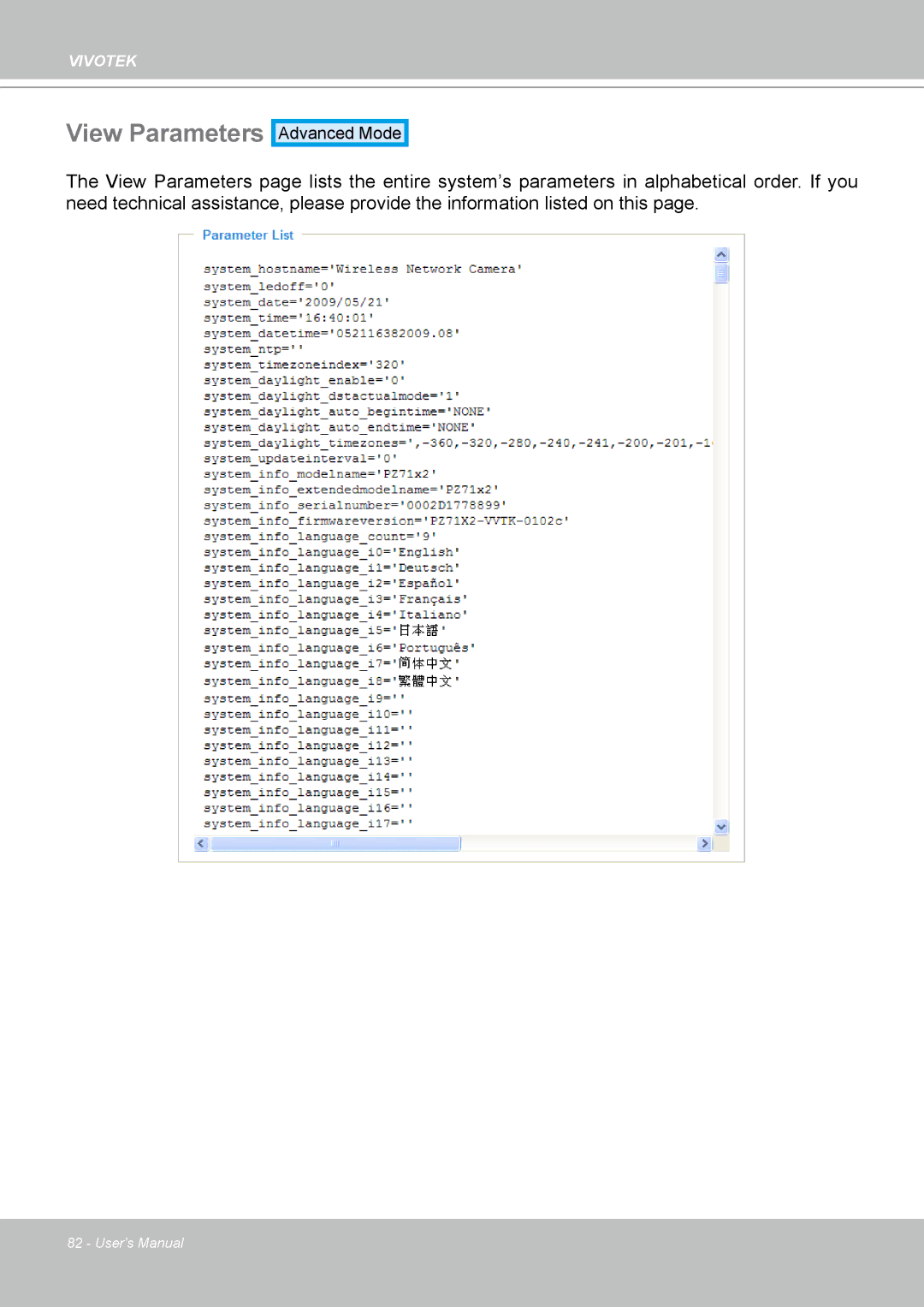 Vivotek PZ7112 manual View Parameters 