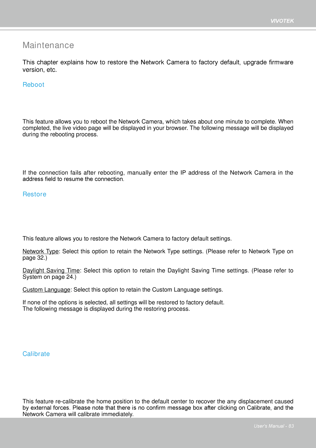Vivotek PZ7112 manual Maintenance, Reboot, Restore, Calibrate 