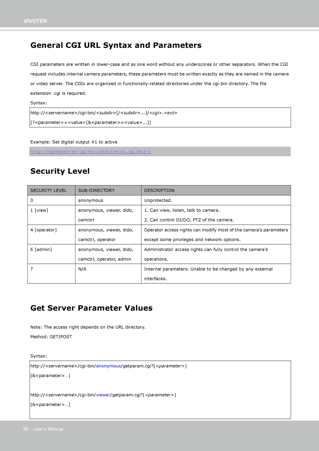 Vivotek PZ7112 manual General CGI URL Syntax and Parameters, Security Level, Get Server Parameter Values 