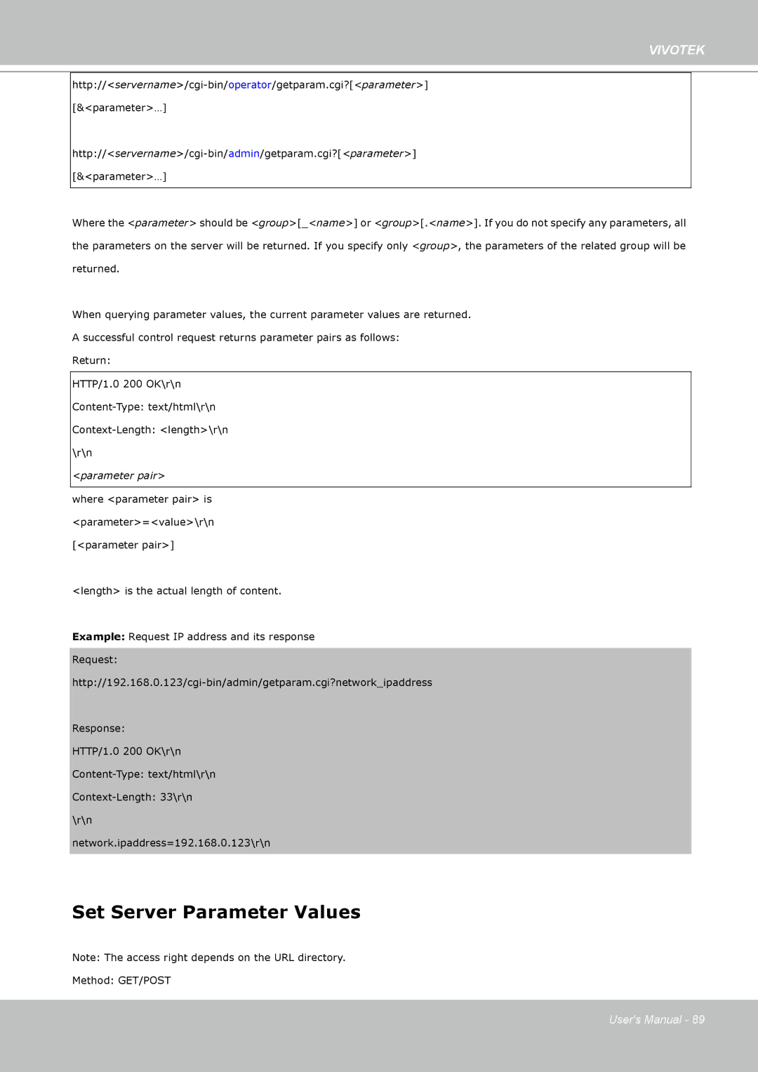 Vivotek PZ7112 manual Set Server Parameter Values, Parameter pair 