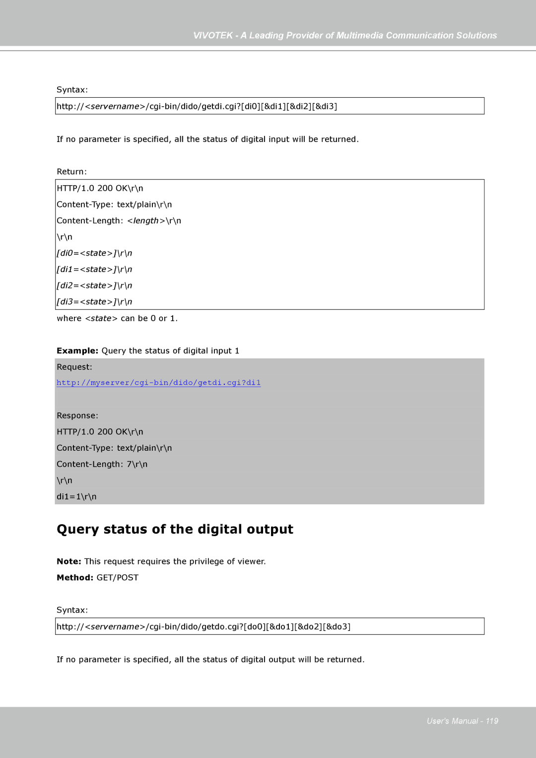 Vivotek PZ7131, PZ7132 manual Query status of the digital output, Di0=state\r\n Di1=state\r\n Di2=state\r\n Di3=state\r\n 