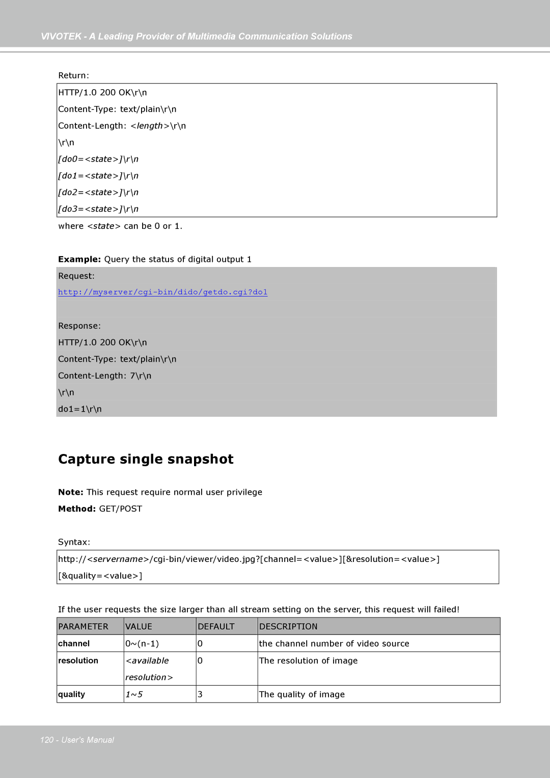 Vivotek PZ7132, PZ7131 manual Capture single snapshot, Do0=state\r\n Do1=state\r\n Do2=state\r\n Do3=state\r\n 