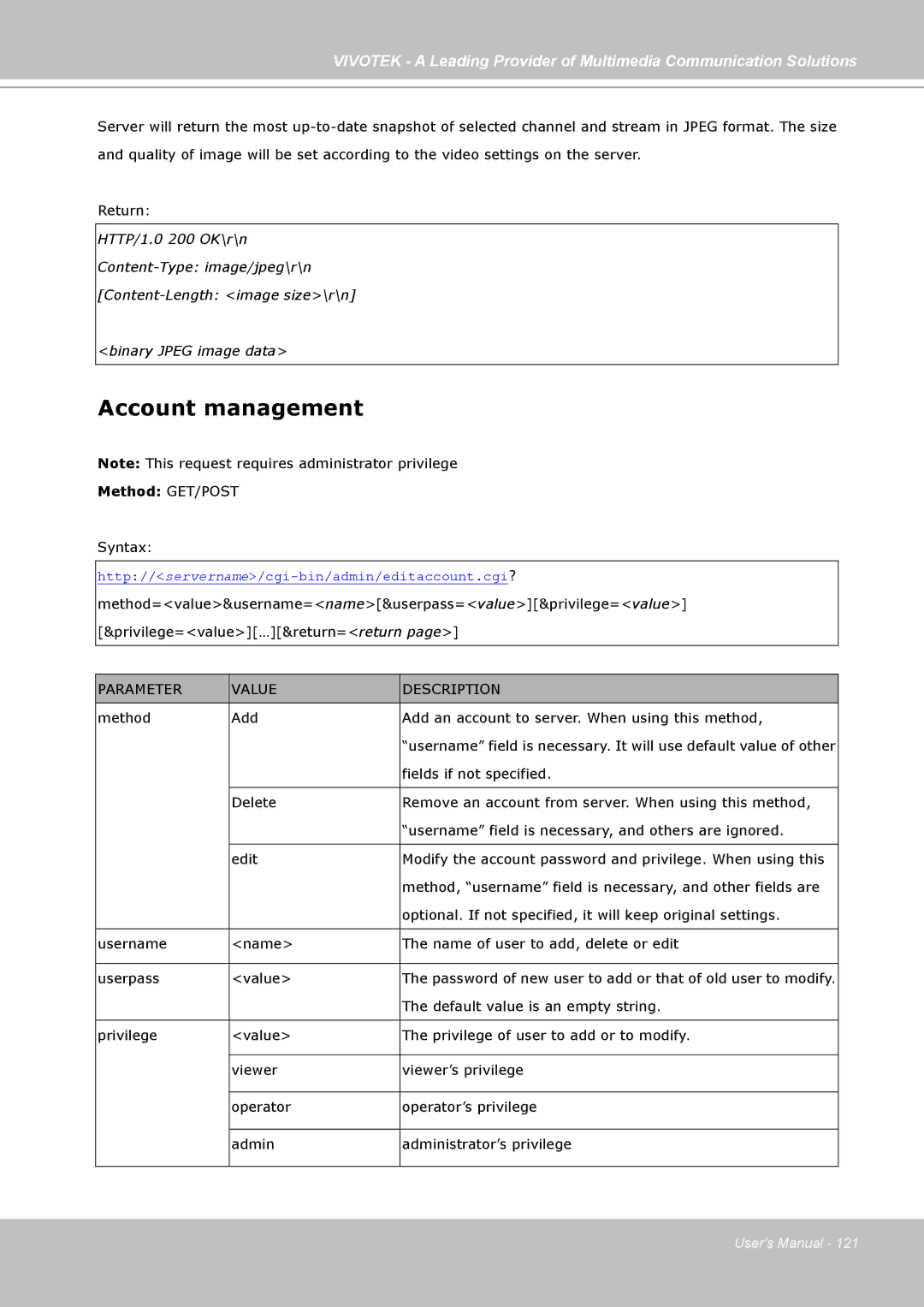 Vivotek PZ7131, PZ7132 manual Account management 