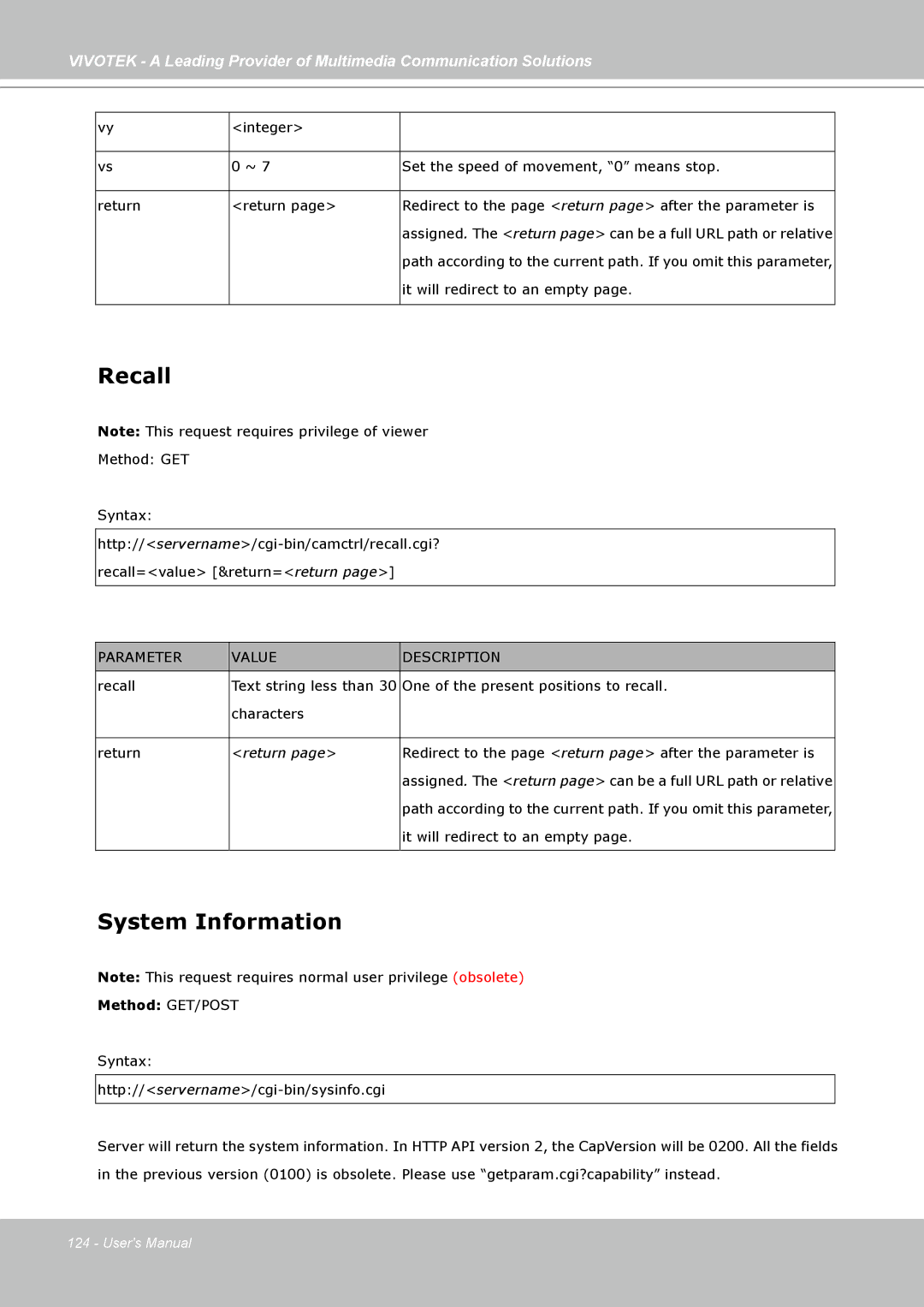 Vivotek PZ7132, PZ7131 manual Recall, System Information 