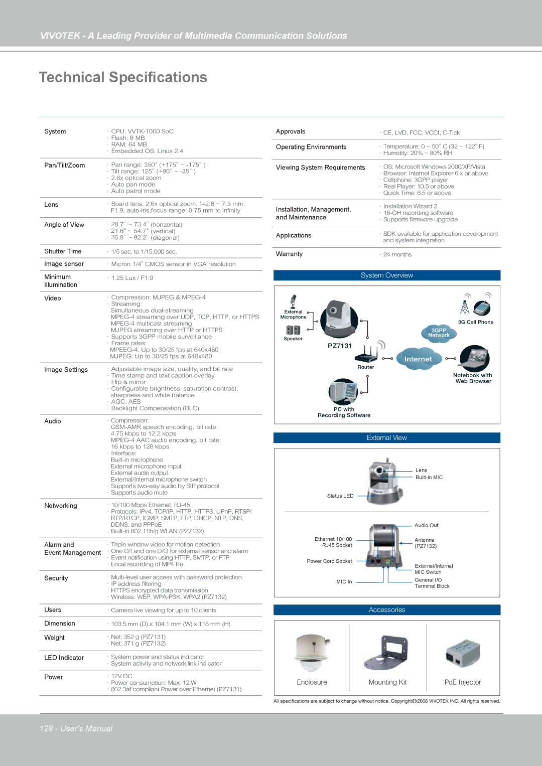 Vivotek PZ7132, PZ7131 manual Technical Specifications, Pan/Tilt/Zoom 