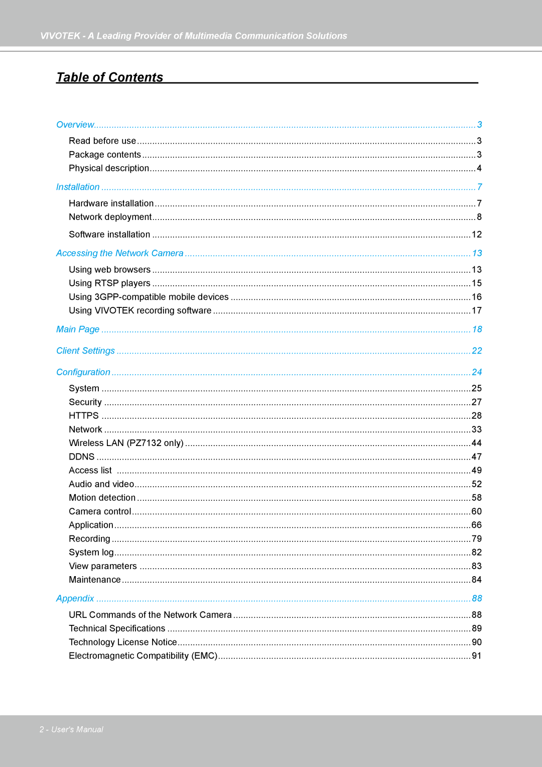 Vivotek PZ7132, PZ7131 manual Table of Contents 