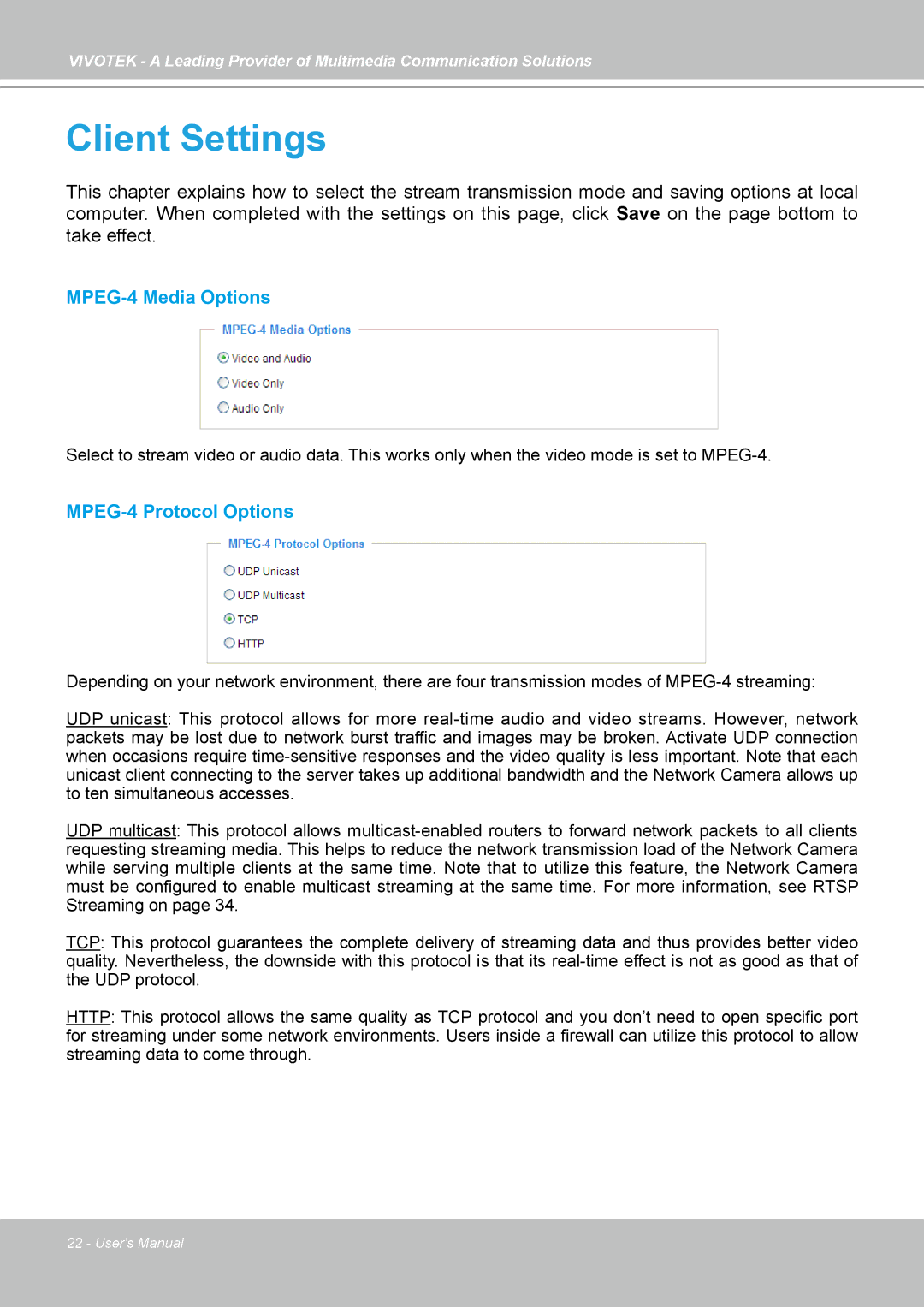 Vivotek PZ7132, PZ7131 manual Client Settings 