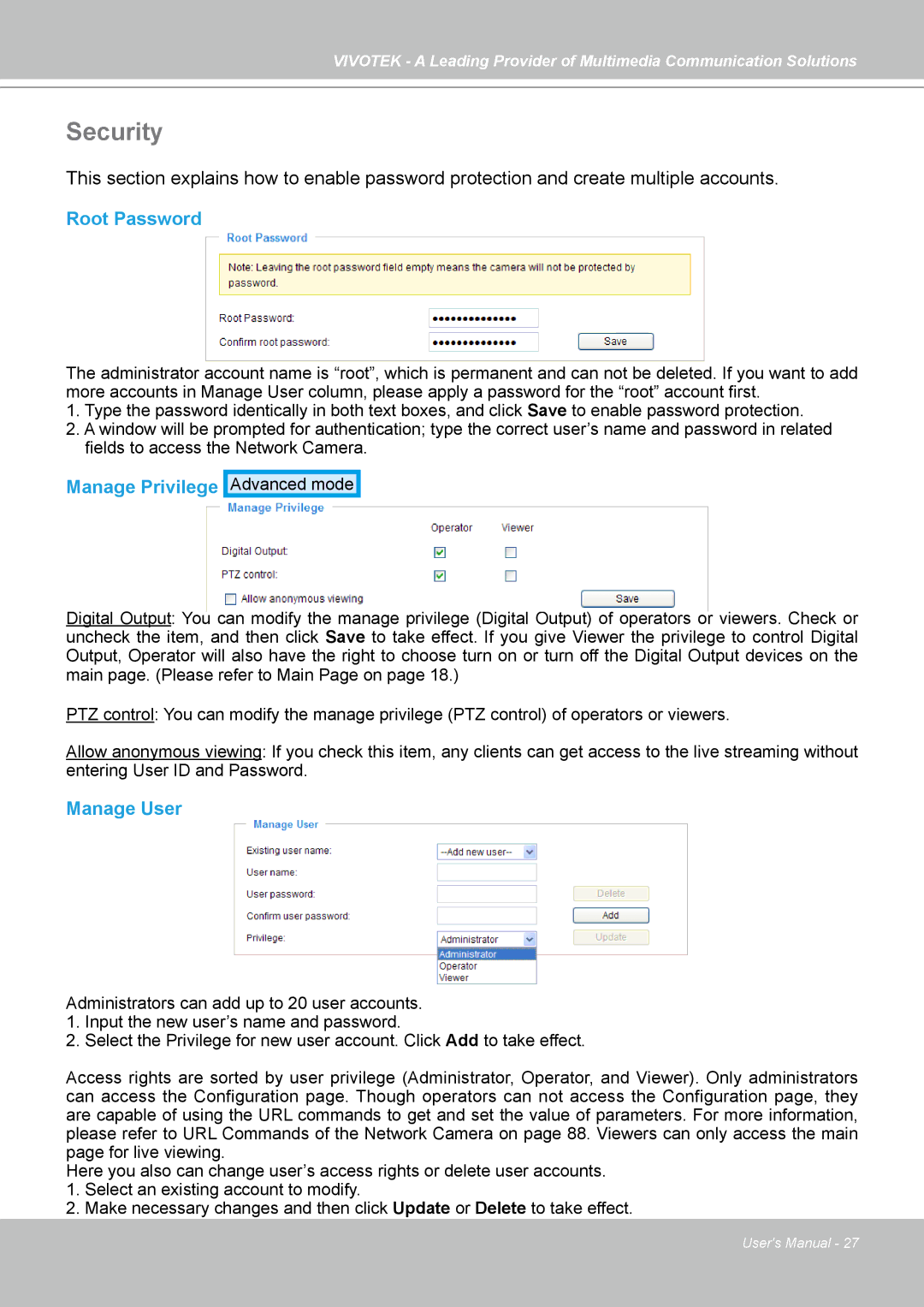 Vivotek PZ7131, PZ7132 manual Security, Root Password, Manage Privilege, Manage User 