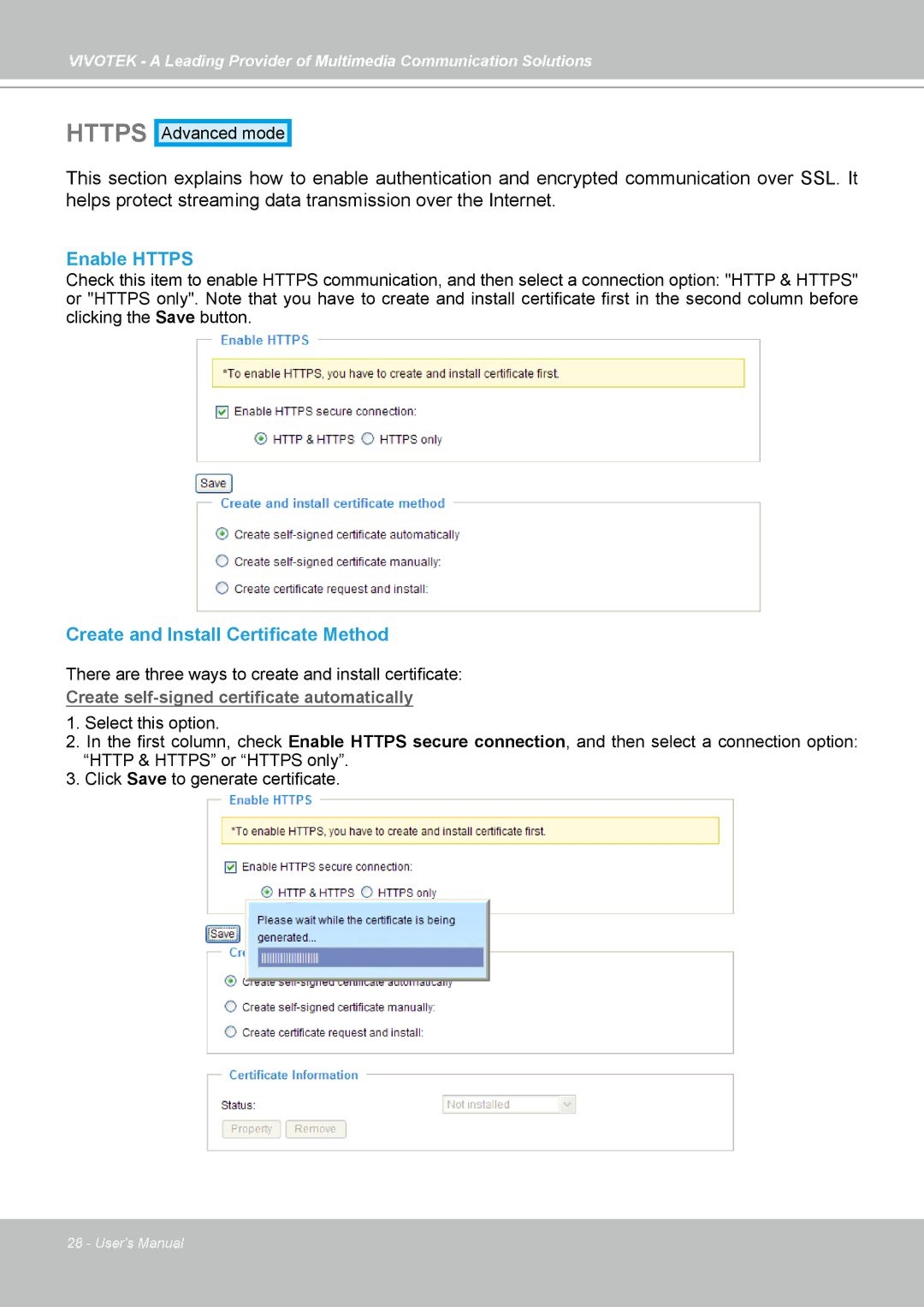 Vivotek PZ7132, PZ7131 manual Enable Https, Create and Install Certificate Method 