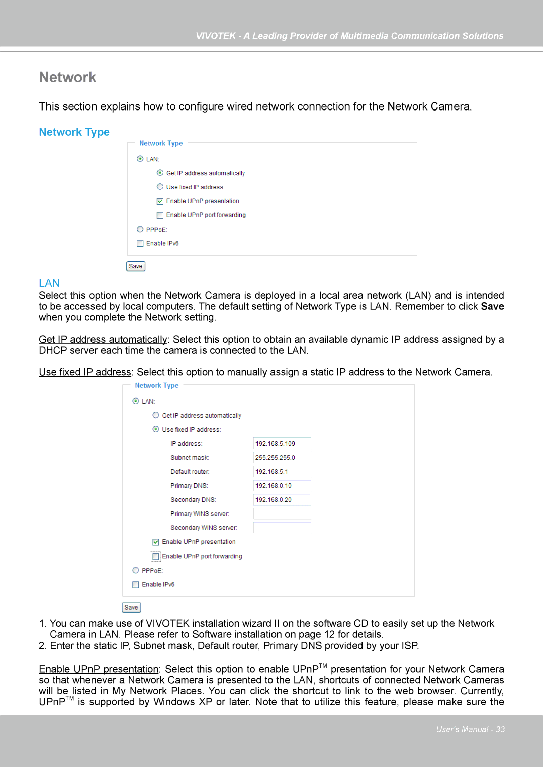 Vivotek PZ7131, PZ7132 manual Network Type 