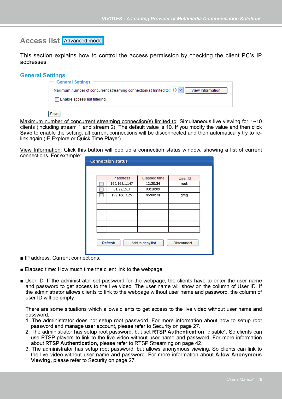 Vivotek PZ7131, PZ7132 manual Access list, General Settings 