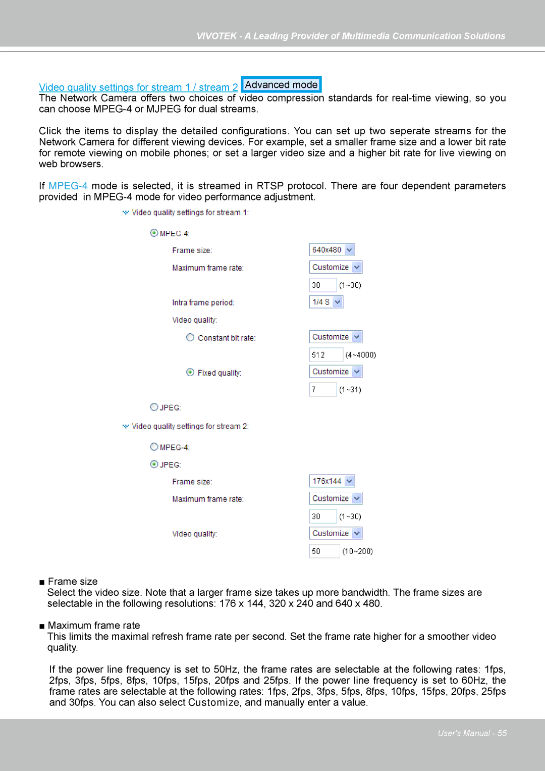 Vivotek PZ7131, PZ7132 manual Video quality settings for stream 1 / stream 2 Advanced mode 