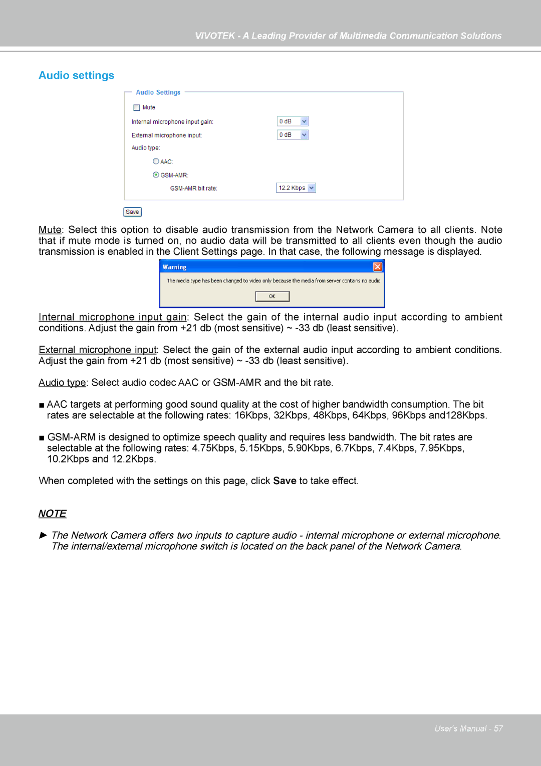 Vivotek PZ7131, PZ7132 manual Audio settings 