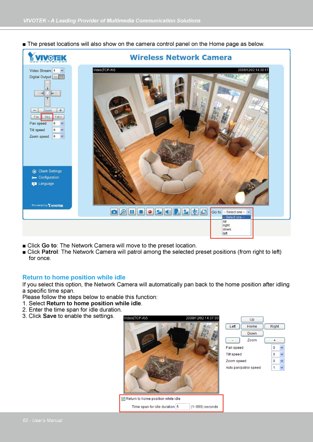 Vivotek PZ7132, PZ7131 manual Select Return to home position while idle 