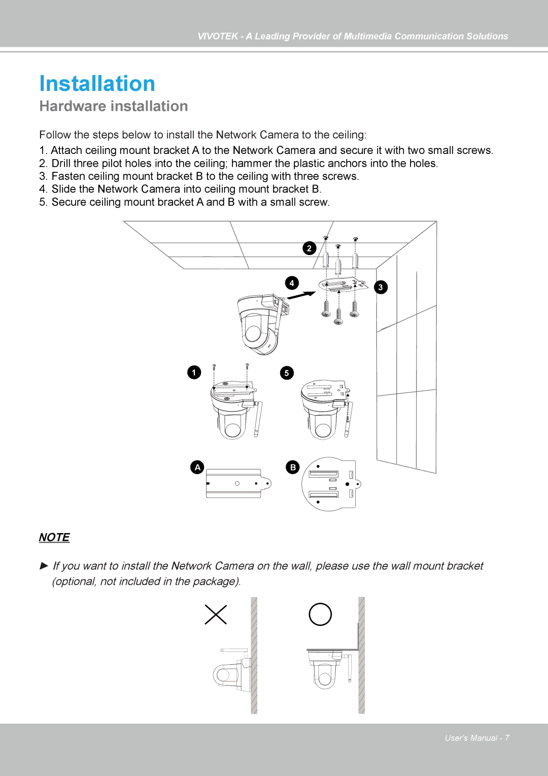 Vivotek PZ7131, PZ7132 manual Installation, Hardware installation 