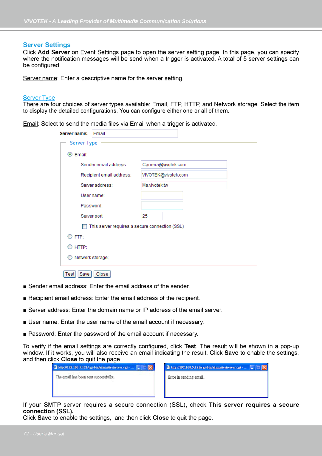 Vivotek PZ7132, PZ7131 manual Server Settings, Server Type 