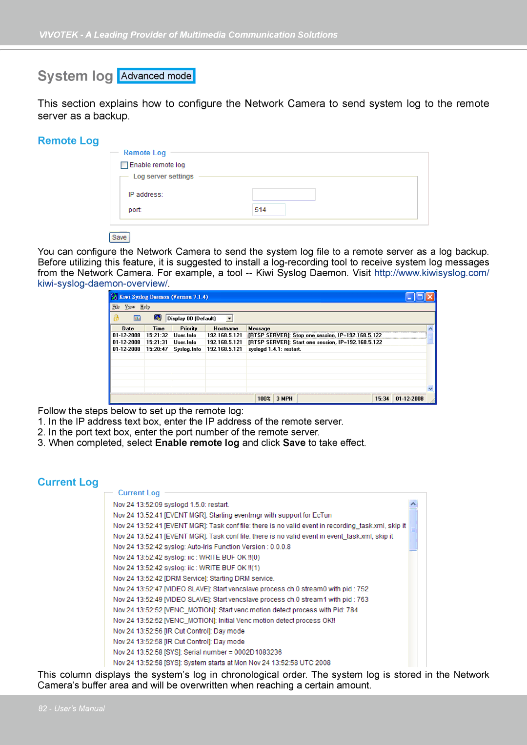 Vivotek PZ7132, PZ7131 manual System log, Remote Log, Current Log 