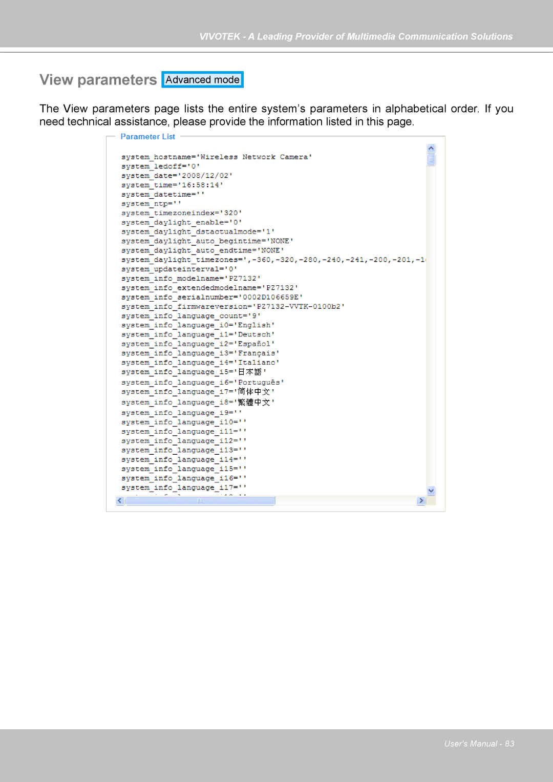 Vivotek PZ7131, PZ7132 manual View parameters 