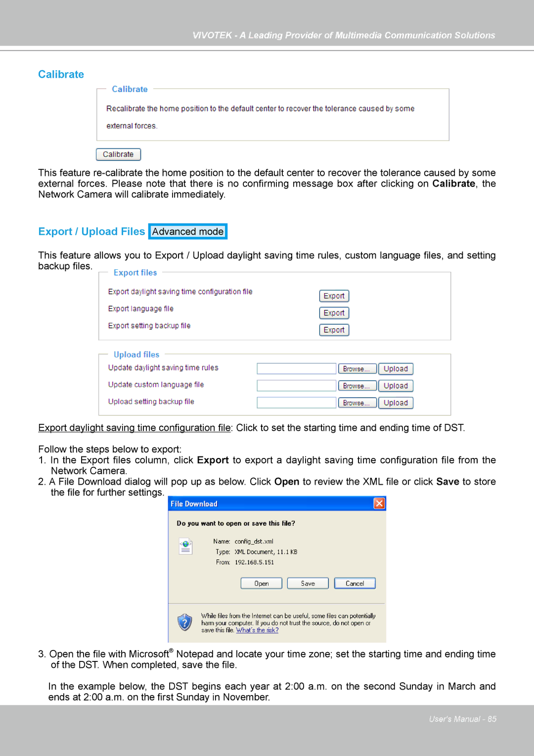 Vivotek PZ7131, PZ7132 manual Calibrate, Export / Upload Files 