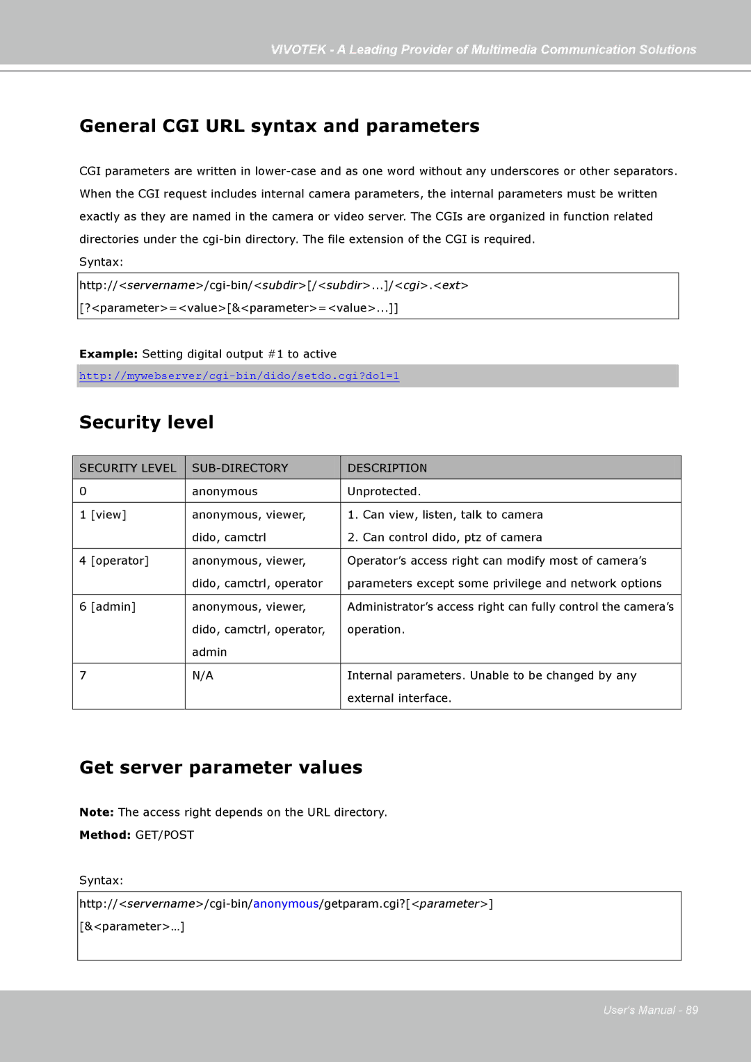 Vivotek PZ7131, PZ7132 manual General CGI URL syntax and parameters, Security level, Get server parameter values 