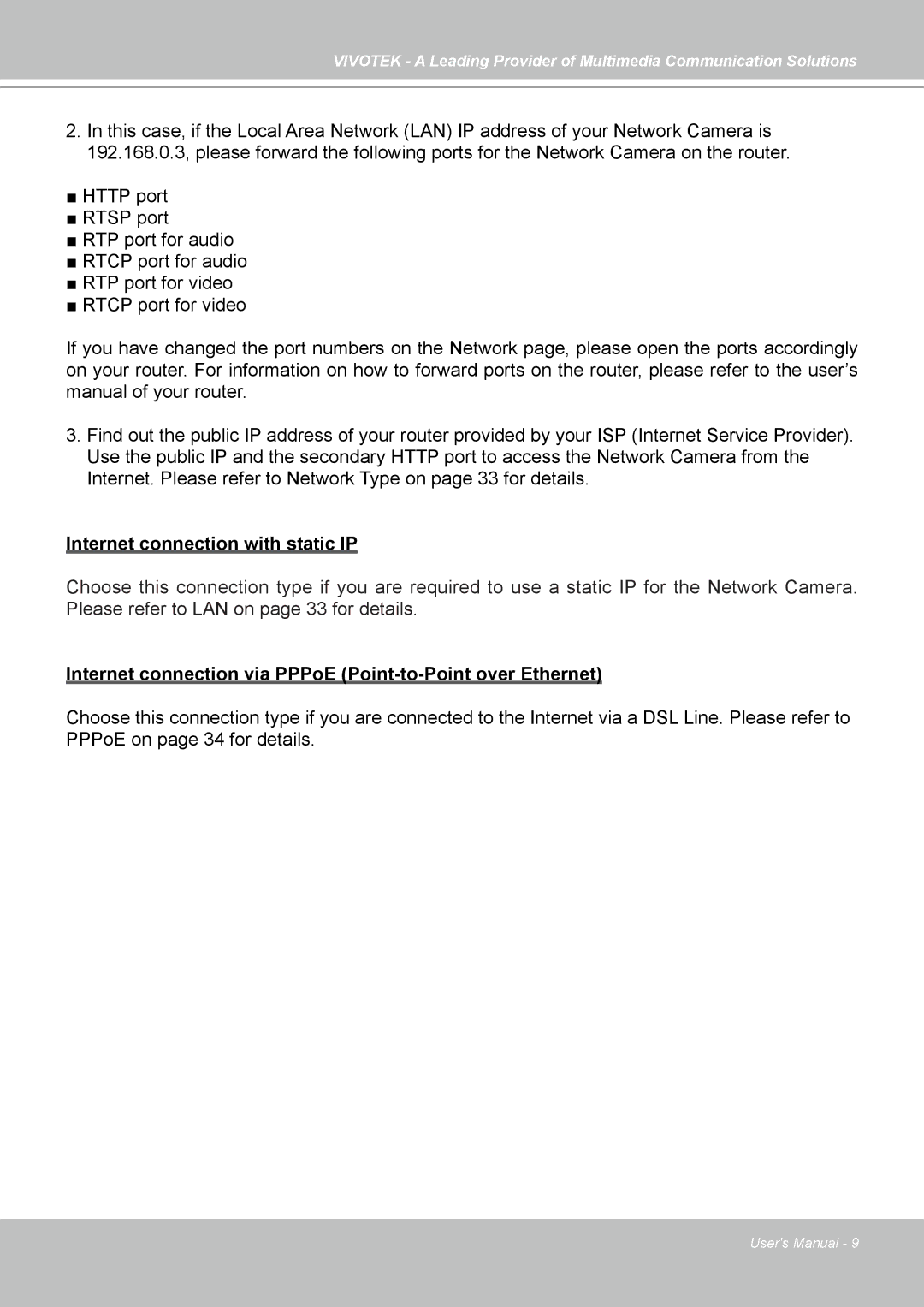 Vivotek PZ7131, PZ7132 manual Internet connection with static IP 