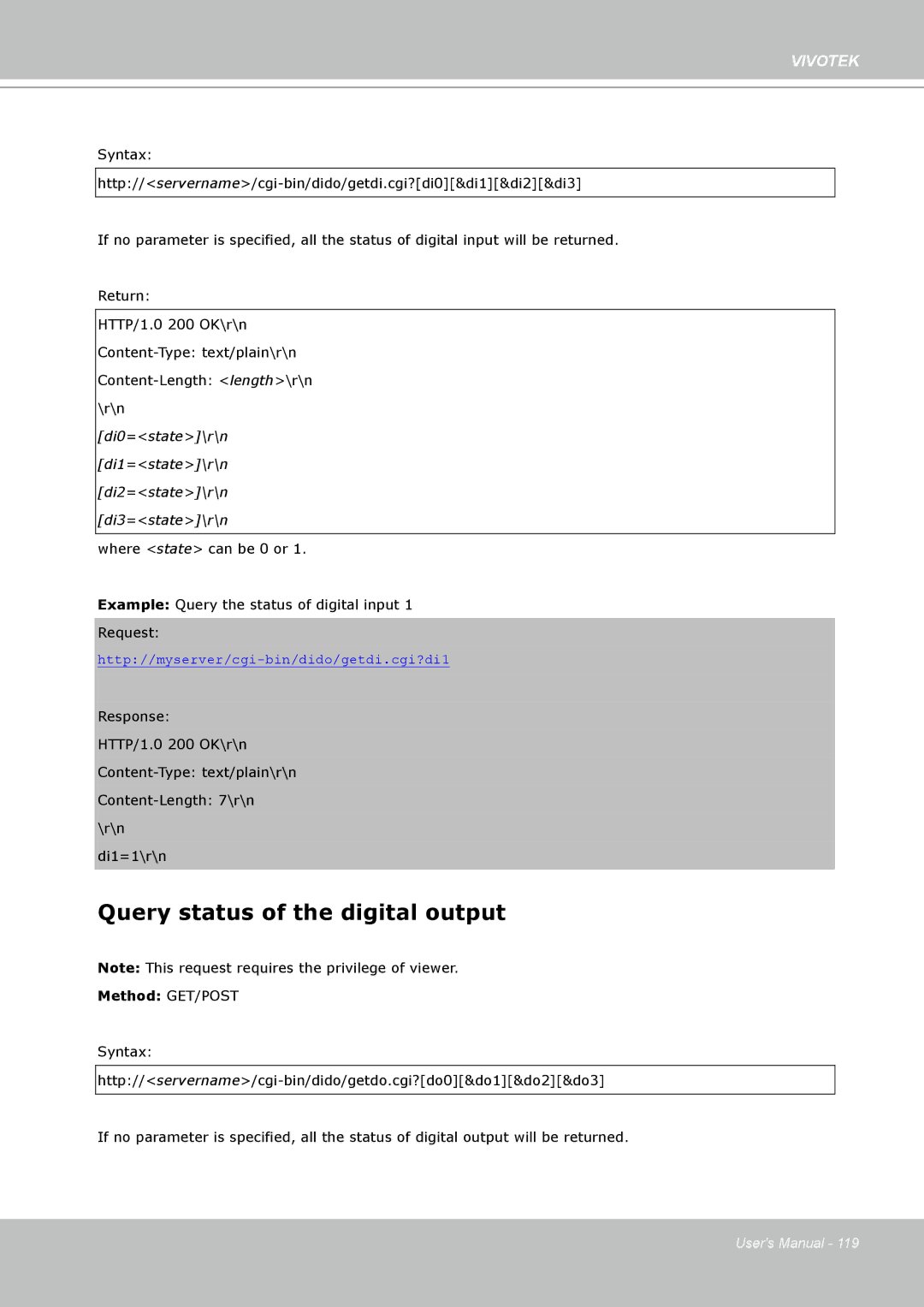 Vivotek PZ7132 manual Query status of the digital output, Di0=state\r\n Di1=state\r\n Di2=state\r\n Di3=state\r\n 