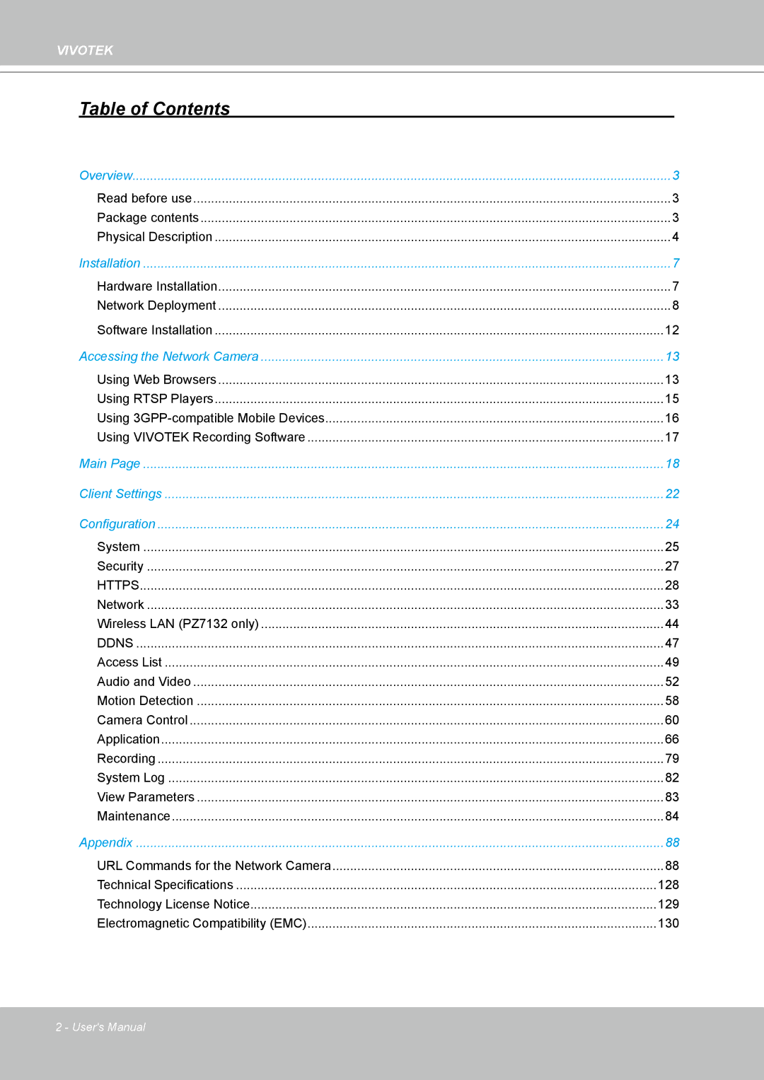 Vivotek PZ7132 manual Table of Contents 